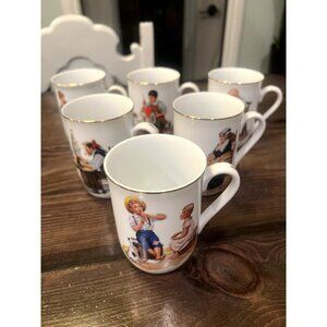 1982 Norman Rockwell Museum Coffee Mugs Cups White/Gold Trim Set of 6 Collection